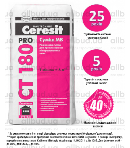 Растворная смесь для приклеивания минеральных плит Ceresit CT 180 Pro
